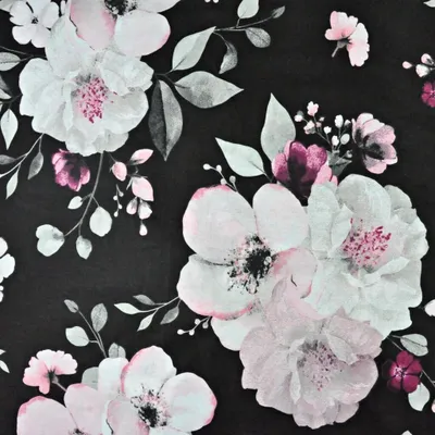 Produktbild von Baumwolle 100% große Apfelblüten rosa-weiß auf schwarzem Hintergrund - 220cm