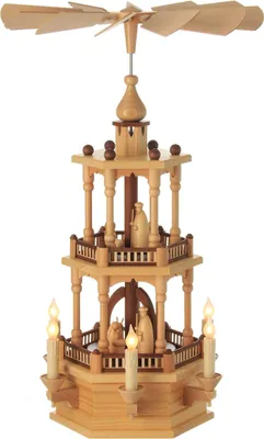 Produktbild von Zweistöckige Weihnachtspyramide aus Naturholz mit Christi Geburt – Elektrisch & indirekt beleuchtet BxHxT 37x57x37cm NEU