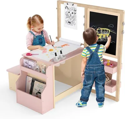 Imagen del producto de Juego de caballete infantil 6 en 1, mesa de apoyo de madera con pizarra y pizarra blanca de doble cara, y rollo de papel, caballete infantil con altura ajustable y banco, con estantes para niños a partir de 3 años (rosa)