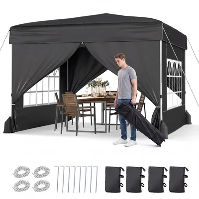 Produktbild von COSTWAY Pavillon 3 x 3 m, chöhenverstellbar, winterfester Gartenpavillon mit 4 abnehmbaren Seitenwänden, Sandsäcke & Rolltasche, Schwarz