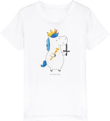 Produktbild von Mr. & Mrs. Panda Kleinkinder T-Shirt Einhorn König mit Schwert 3-4 Jahre (98/104) - Weiß - Geschenk, Teenager, Kinder Bio, Kurzarm, Kindershirt, Ritter, für, Einhörner
