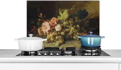 Produktbild von KitchenYeah®  Spritzschutz Küche - Küchenrückwand - Wandschutz für Herd und Spüle - Obst - Stilleben mit Weintrauben - Alte Meister 60x40 - Alu-Dibond (Alternative zum Spritzschutz aus Glas) - Hitzebe