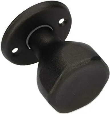 A black door knob with a mounting plate is shown against a white background.