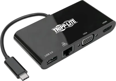 Produktbild von Tripp Lite USB 3.1 Gen 1 USB-C Adapter Converter Thunderbolt 3 Compatible 4K @ 30Hz - HDMI, VGA, USB-A Hub Port and Gigabit Ethernet, Black - Dockingstation - USB-C 3.1 - VGA, HDMI - 1GbE
