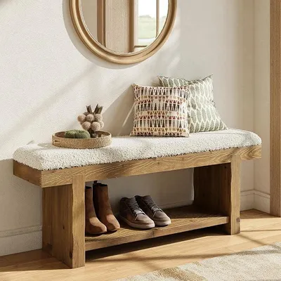 Imagen del producto de Banco de madera maciza de 120 cm, zapatero acolchado con espacio de almacenamiento, banco para pasillo de estilo rústico, banco para recibidor, dormitorio, entrada, pie de cama, color marrón natural