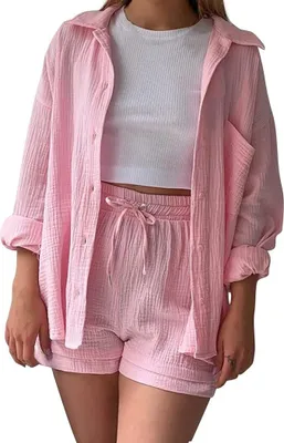 Produktbild von Musselin Baumwoll-Zweiteiler für Damen - Leichtes Sommerhemd und Shorts - Lässiges und Schickes Strand-Outfit - Bequemes Freizeitset für Frauen