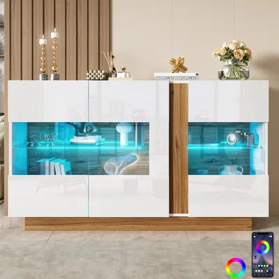 Obrázek produktu pro MODFU Komoda s 3 akrylovými dvířky, rozměry 120×38×80 cm, moderní vitrína, bufetová skříň s LED osvětlením a 2 přihrádkami, skříň do obývacího pokoje, barva: bílá a přírodní