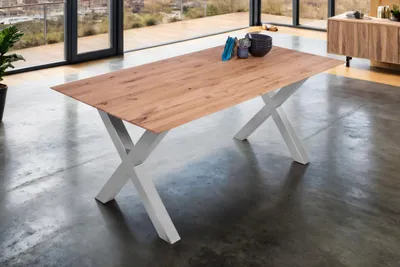Produktbild von Esstisch 180 x 90 cm Lotte, Eichenholz massiv & geölt, Esszimmertisch mit Schweizer Kante/gerade Ecken, X-Gestell aus Metall Silber, pflegeleichter Holztisch