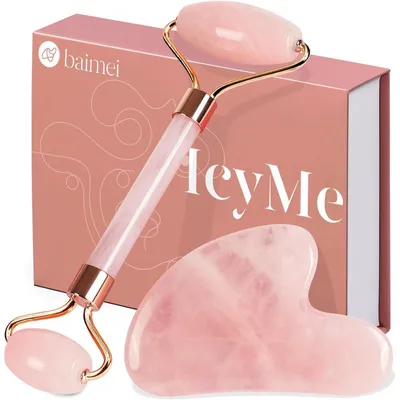 Produktbild von Gua Sha Stein und Gesichtsroller Rosenquarz Set zur Hautpflege und Verbesserung feiner Linien