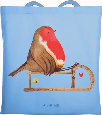 Produktbild von Mr. & Mrs. Panda Shopping Tasche Rotkehlchen Schlitten - Sky Blue - Geschenk, Schultasche, Tote Bag, Weihnachten, Laptoptasche, dokumententasche, Vogel, Einkaufstasche