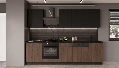Produktbild von Küche MONZA + SIENA BASIC 280 cm Küchenzeile Küchenblock Einbauküche Nussbaum Okapi matt + Schwarz matt