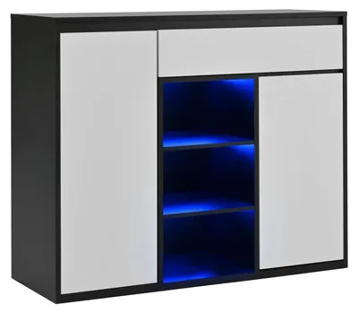 Image de Armoire à chaussures - 105 x 39,5 x 86 cm - 2 portes - 1 tiroir - 3 compartiments ouverts avec éclairage LED - Étagère à chaussures réglable - Noir et blanc