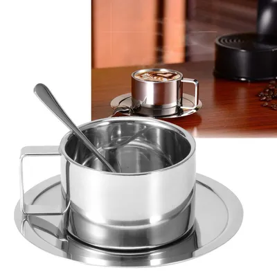 Produktbild von Kaffeetassen-Set Edelstahl Doppelwandig mit Untertasse und Löffelgriff Silber