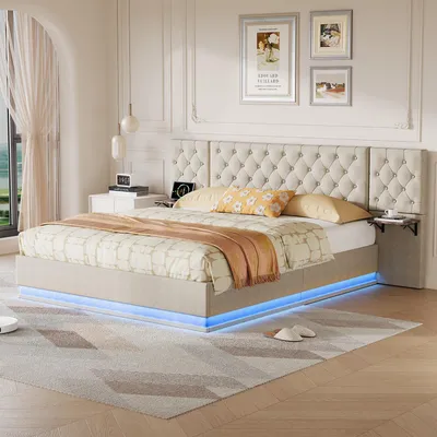 Imagen del producto de REMZETTA, cama tapizada de 160x200 cm, color beige, con iluminación RGB LED, espacio de almacenamiento, puertos USB-C y carga inalámbrica, tapizada en lino