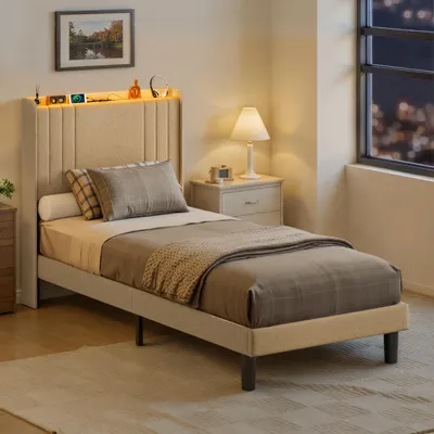 Produktbild von BEALIFE BF28 Polsterbett 90x200 cm mit Lattenrost | Metallgestell mit Holzkopfteil | vibrationsarm | Beige/Dunkelgrau