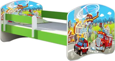 Produktbild von ACMA Jugendbett Kinderbett Junior-Bett Komplett-Set mit Matratze Lattenrost und Rausfallschutz Grün 36 Feuerwehr 160x80