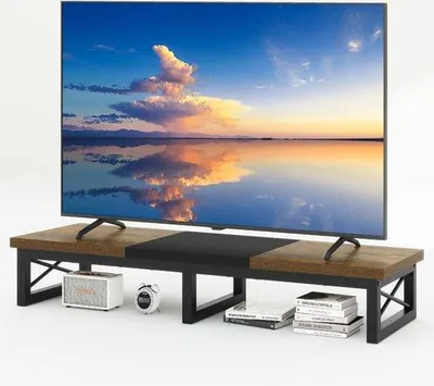 Obrázok produktu pre Podstavec na zvýšenie televízora s uhlopriečkou 32–60 palcov – podložka na stôl s úložným priestorom a oceľovými nohami – kancelársky stojan do obývačky alebo spálne