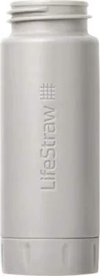 A close-up studio shot of a gray water filter attachment.