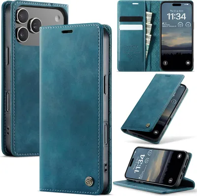 Immagine prodotto di Custodia per iPhone 17 Pro in pelle con protezione RFID, flip cover, supporto magnetico per carte, funzione stand blu