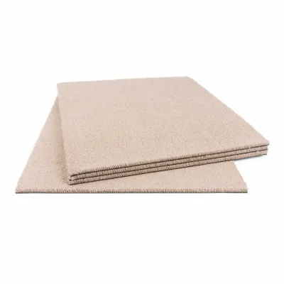 Two beige carpet tiles are stacked on top of each other against a white background.
