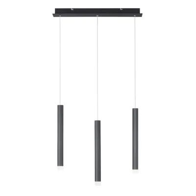 A product shot of a black LED pendant light fixture with three cylindrical lights hanging from a black bar.