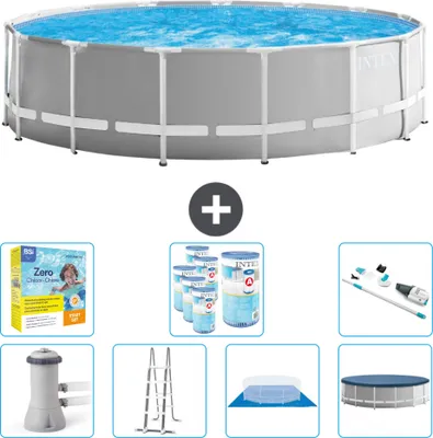 Produktbild von Intex Round Prism Frame Swimming Pool – 457 x 122 cm – Grau – inklusive Pumpe – Leiter – Bodenplane – Abdeckung Wartungspaket - Filter - Staubsauger