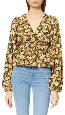 Produktbild von NA-KD Damenbluse mit gesmokter Taille, Orangefarbene Blume, 46