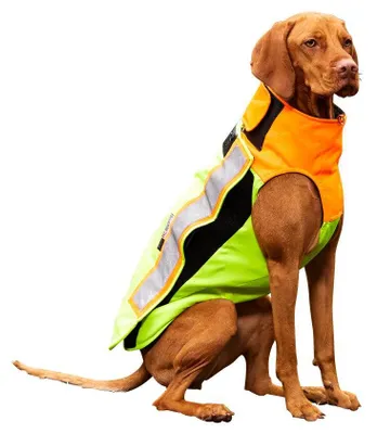 Produktbild von Leichte, widerstandsfähige Hunde-Schutzweste 85 cm mit Reflektorstreifen und Rückentasche, orange/gelb