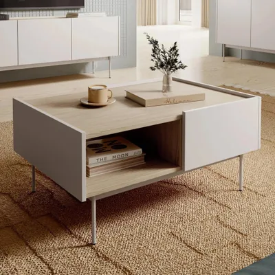 Produktbild von Couchtisch Lumo 97×65 cm in Cashmere mit Metallbeinen und zwei Schubladen – eleganter Wohnzimmertisch