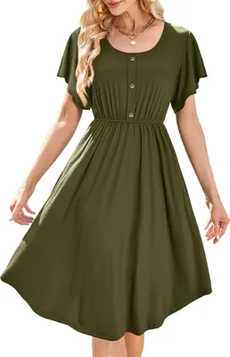 Produktbild von Damen Midi-Kleid mit Taschen Sommerkleid Volantärmel Knöpfe Grün Gr. L