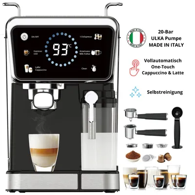 Produktbild von KB ELEMENTS Siebträgermaschine – Espressomaschine 3-in-1 für Espresso, Kaffeepads & Kapseln, mit automatischer Cappuccino- & Latte-Funktion, 20 Bar