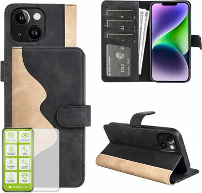 Obrázek produktu pro Pouzdro na mobilní telefon Apple iPhone 15, černé, z umělé kůže + tvrzené sklo H9