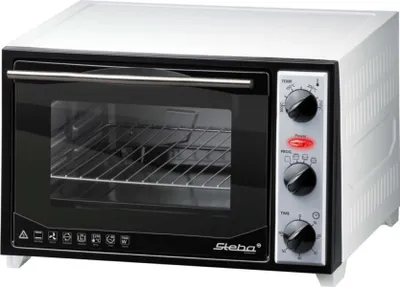 A white and black Steba mini oven is shown from a front-diagonal angle.
