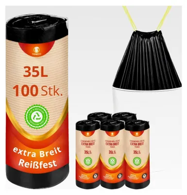 Produktbild von Müllbeutel 35 Liter - EXTRA BREIT - MIT ZUGBAND - 100% recycelt - reißfest und wasserdicht (30/35L - 5 Rollen = 100 Beutel)