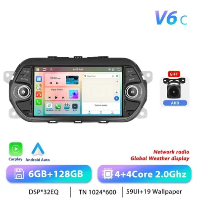 Image de Autoradio - Android 13, format double DIN, multimédia - Écran tactile 17,8 cm - Mémoire 6 Go + 128 Go - Processeur 2,0 GHz - Navigation GPS/RDS, résolution 1024x600 - Pour Fiat Tipo/Egea 2015-2017