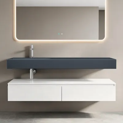 Image de doporro Meuble de Salle de Bain Blanc Mat Ensemble de 2 Pièces Meuble avec Lavabo 150cm Design Up avec 2 Grands Tiroirs