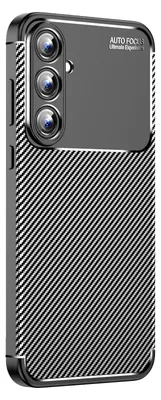 A black smartphone case with a carbon fiber texture and a camera module.