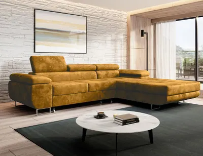 Produktbild von Easy4You Ecksofa NORBERG Velvet L-Form Senf – 279x72x205 cm - Schlafsofa mit Bettkasten und Schlaffunktion - Eckcouch mit Stauraum – Rechts – Stoff Monolith 48