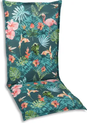 A chair cushion with a tropical floral and flamingo pattern.