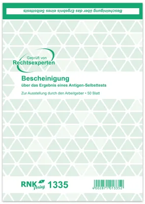 Produktbild von RNK Verlag 1334 Bescheinigung Selbsttest, Block, DIN A5, 50 Blatt