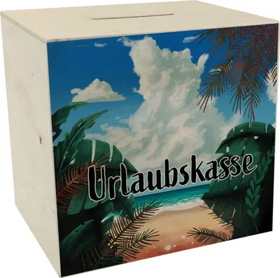 Produktbild von Spardose aus Holz mit sommerlichem Strandmotiv und Palmen - Urlaubskasse