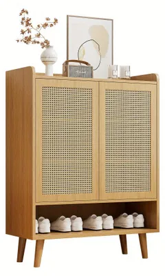 Image de Armoire à chaussures - Rangement à chaussures - Rangement pour chaussures - Meuble d'entrée - Armoire à chaussures en rotin - Rotin naturel et bois