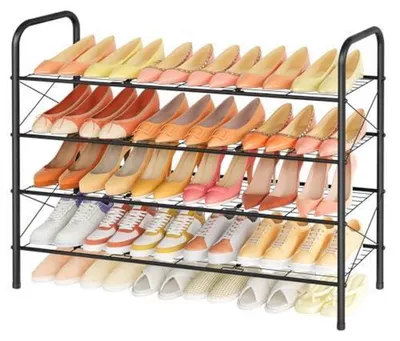 Image de Étagère à chaussures design en métal, noire, avec 4 niveaux, gain de place, idéale pour l'entrée, la salle de bain ou le garage