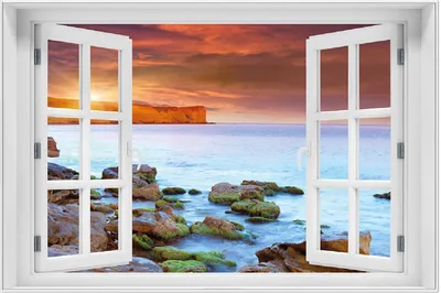 Produktbild von Wallario Wandbild mit Fenster-Illusion: Sonnenaufgang am Meer mit Landzunge und Felsen im Wasser, Größe: 61 x 91,5 cm, Poster mit weißem Aluminiumrahmen
