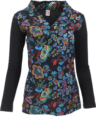 Produktbild von Besticktes Langarmshirt mit V-Neck Flower Power Hippie Chic - Schwarz/bunt, Damen, Mehrfarbig, Baumwolle, Größe: S