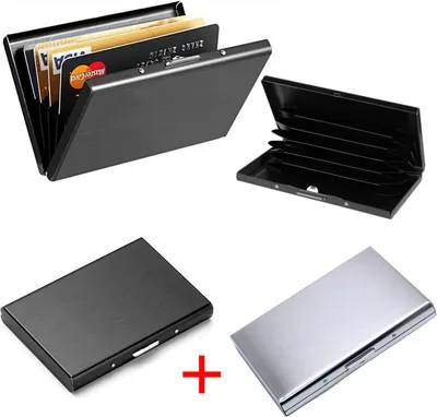 Image de 2 PCS Portefeuille en acier inoxydable Étui pour cartes de crédit Étui pour cartes de visite Étui ID en métal avec protection RFID pour hommes Femmes, Noir + Argent