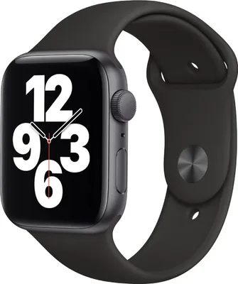 A close-up studio shot of an Apple Watch SE with a black sport band.