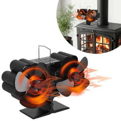 Obrázok produktu pre Ventilátor do krbovej pece Ikodm, dvojitý, s 2 motormi a 8 lopatkami, poháňaný teplom, čierna farba