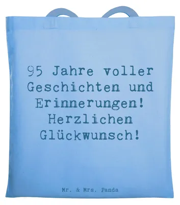 Produktbild von Mr. & Mrs. Panda Shopping Tasche Spruch 95. Geburtstag - Sky Blue - Geschenk, Stoffbeutel, Schultasche, Herzlichen Glückwunsch, freudige Momente, Alter, Uni, Jutebeutel