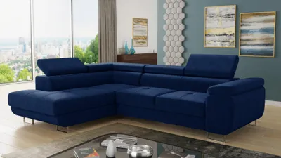 Produktbild von Ecksofa Caris mit Schlaffunktion und einstellbare Kopfstützen, Wohnlandschaft, Couchgarnitur, Bettkasten, Sofagarnitur, Couch, Sofa (Dunkelblau (Kronos 09), Ecksofa Links)
